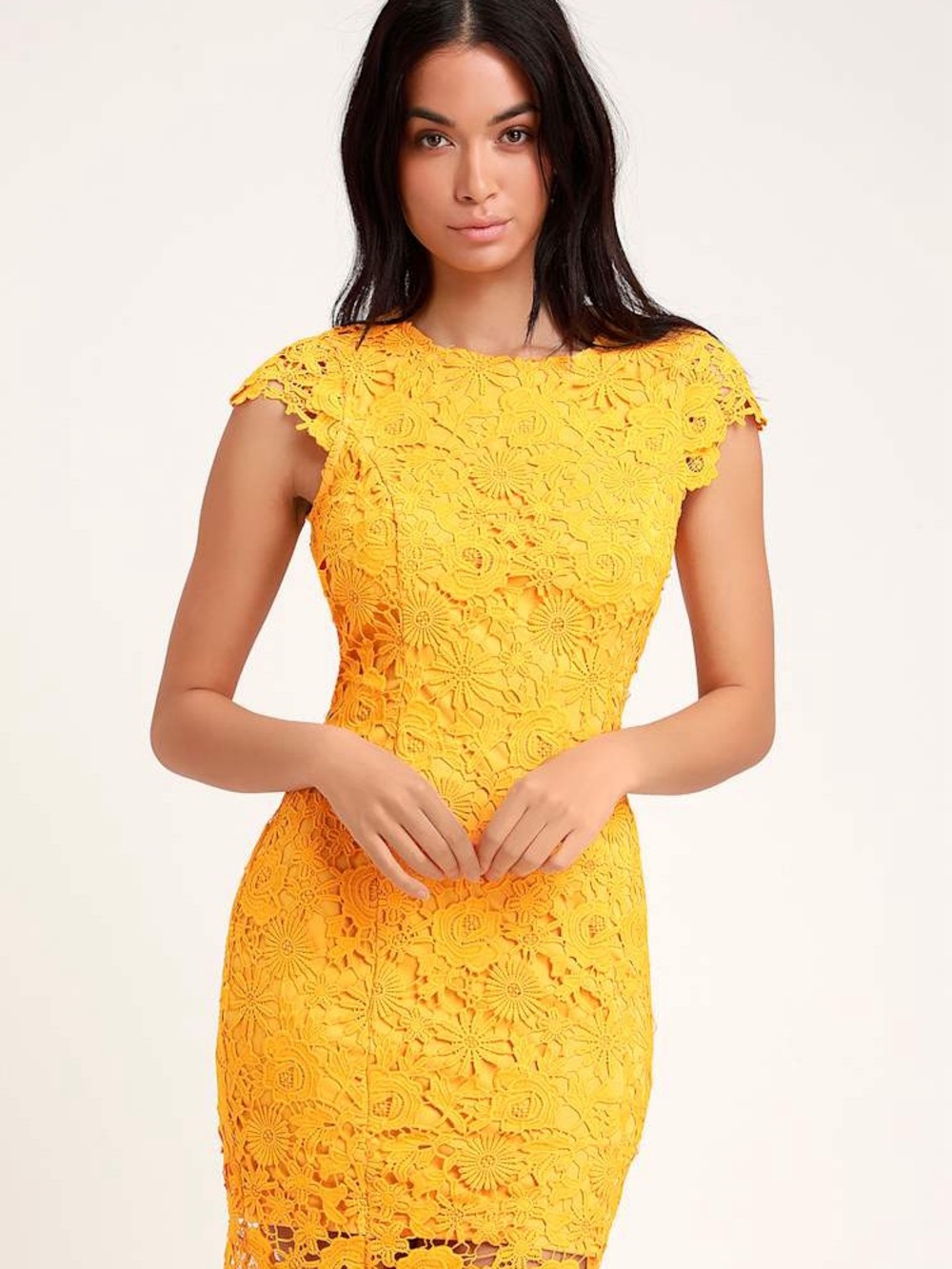 Lulus Romance Language Golden Yellow Backless Lace Dress